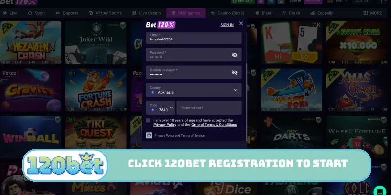 Click the green 120bet Registration button to start
